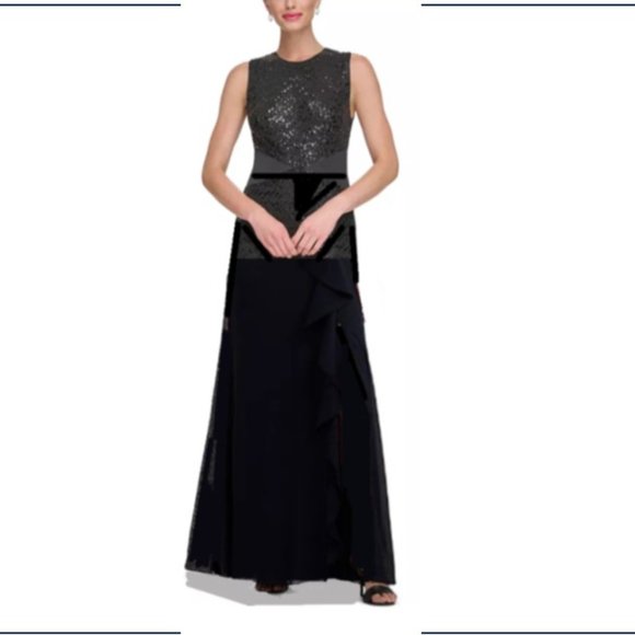 RALPH LAUREN WOMEN'S BLACK SLEEVELESS GOWN FEATURING SCOOP NECK SEQUIN TOP - Picture 1 of 5
